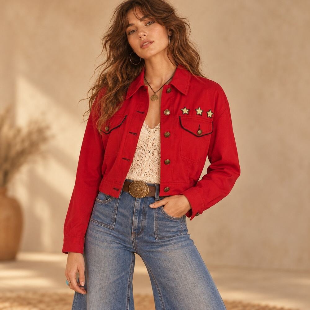 NWT Carole Little Sport Red Cropped Star Jacket Size 4 Western